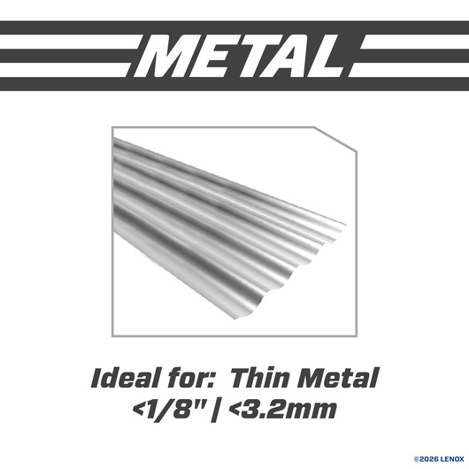 Corrugated metal sheet, labeled ideal for thin metal less than 1/8 inch or 3.2 mm. LENOX branding.