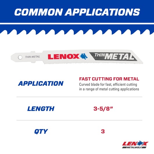 Lenox thin metal blade, 3-5/8 inch length, pack of 3, for fast metal cutting applications.