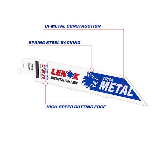 Photo of LENOX 2059114 graphics label for thick metal reciprocating saw blade with wolf logo, white and blue.