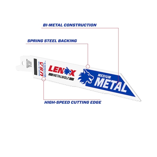 LENOX 2059115 medium metal reciprocating saw blade with blue and white graphics, angled on white background.