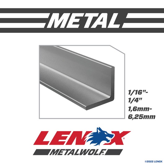 LENOX 2059115 METALWOLF graphics showing a metal L-shaped angle bar with size range 1/16"-1/4", 1.6mm-6.25mm