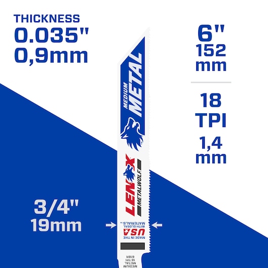 Photo of LENOX 2059115 reciprocating saw blade for medium metal, 6 inch length, 18 TPI, 0.035 inch thickness, 3/4 inch width.
