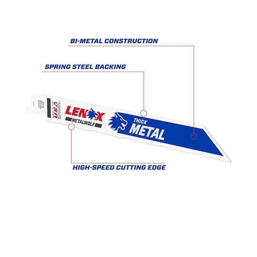 Photo of LENOX 2059116 reciprocating saw blade with blue and white graphics, spring steel backing, and high-speed cutting edge.