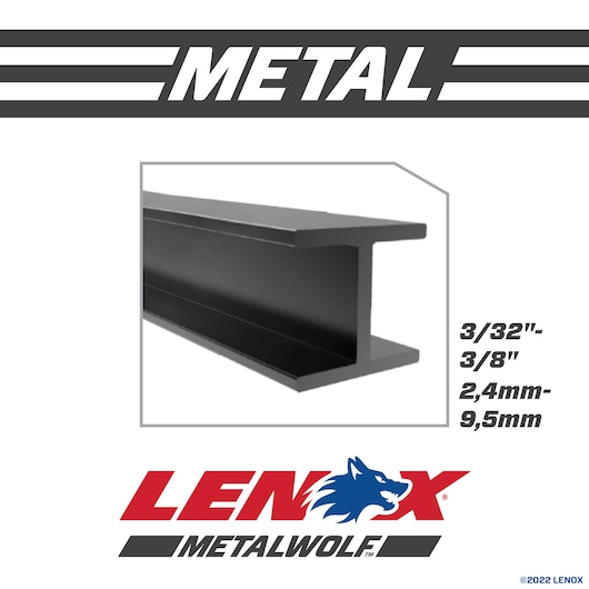 LENOX 2059116 METALWOLF graphics showing black metal I-beam and size range 3/32”-3/8”, 2.4mm-9.5mm.