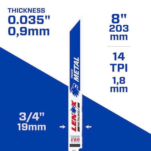 LENOX 2059116 METALWOLF saw blade, 8 inch length, thick metal, 14 TPI, 0.035 inch thickness, front angle.