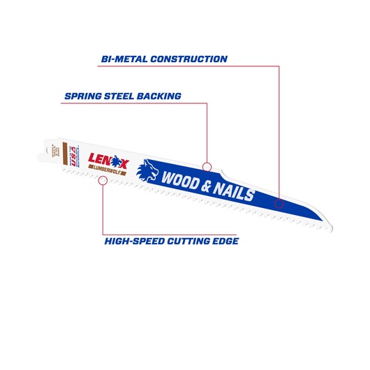 LENOX 2059117 graphics featuring a blue reciprocating saw blade labeled Wood & Nails with construction details.