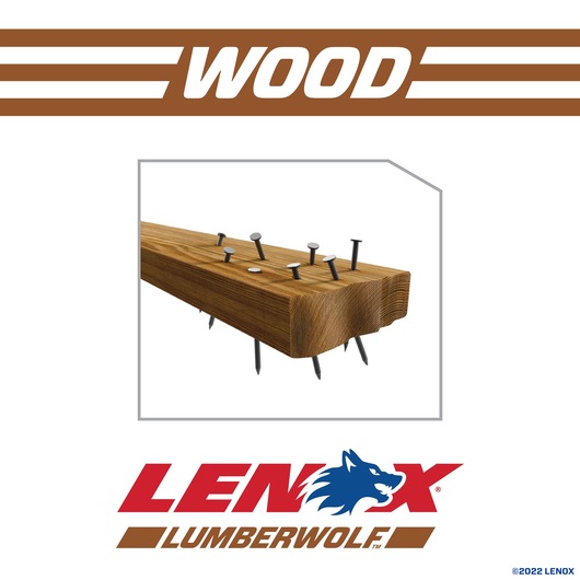 LENOX 2059117 graphic showing wood beam with embedded nails, LENOX LUMBERWOLF branding below.