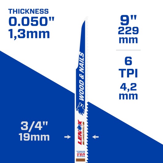 Photo of LENOX 2059117 saw blade for wood and nails, 9in length, 0.050in thickness, 6 TPI, graphics on white.