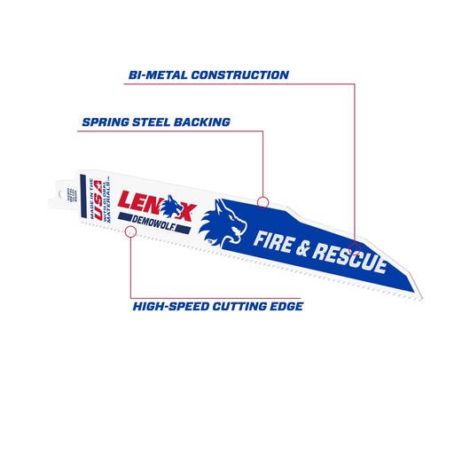 Photo of LENOX 2059118 DEMOWOLF Fire & Rescue reciprocating saw blade, blue-white, with bi-metal construction features.