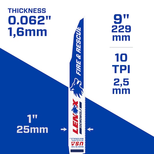 Photo of LENOX DEMOLITION FIRE & RESCUE saw blade, SKU 2059118, 9in, 10 TPI, 0.062in thick, blue-white.