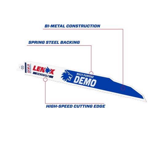 LENOX LXAR1250R graphics show demo wolf reciprocating saw blade features, including bi-metal construction.