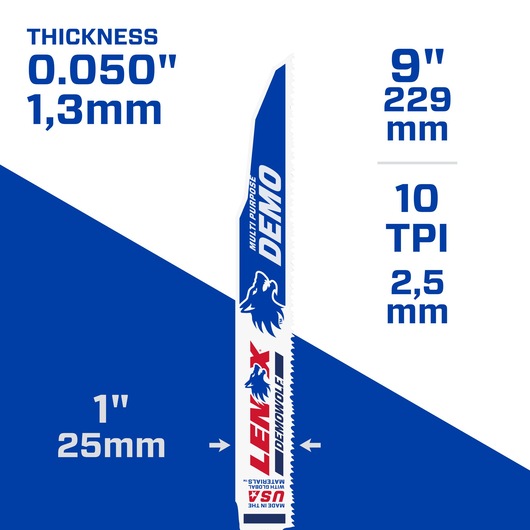 Photo of LENOX LXAR950R graphics showing DEMOWOLF blade, dimensions 9 in x 1 in, 10 TPI, thickness 0.050 in.
