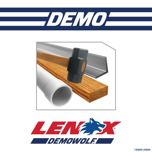 LENOX LXARB1250R graphics showing metal angle, wood, PVC pipe, sledgehammer, Demowolf logo and DEMO text.