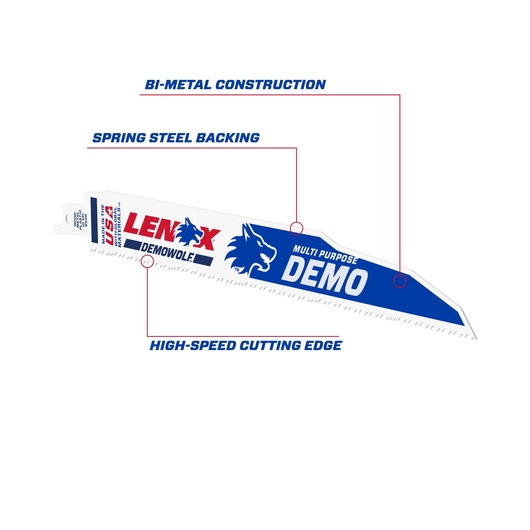 LENOX LXARB950R multi purpose demo blade, blue and white graphics, bi-metal, spring steel backing, high-speed edge.