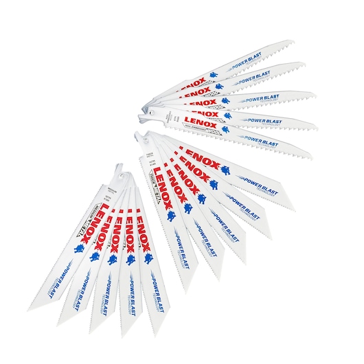 LENOX 1073415RKG reciprocating saw blade set, assorted white blades fanned out, POWER BLAST printed logos, white background.