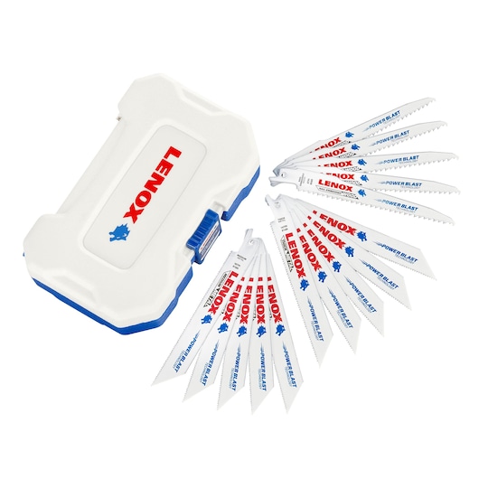 LENOX 1073415RKG reciprocating saw blade set with white and blue storage case, blades fanned out, front angle.