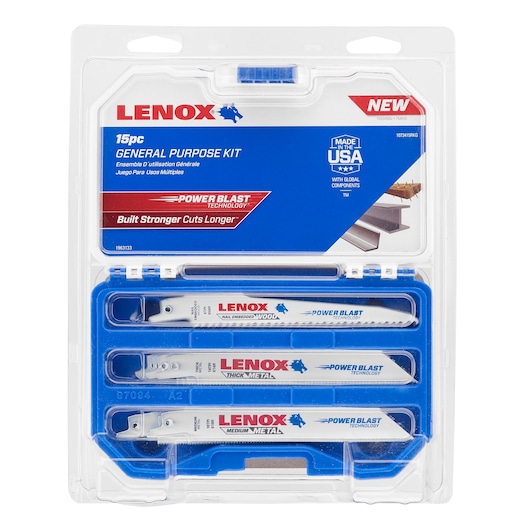 LENOX 1073415RKG general purpose reciprocating saw blade kit, 15 pieces, white and blue packaging, front angle.