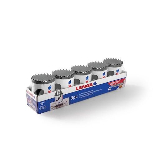 LENOX 10740B24L hole saw set, 5 pieces, white with blue logo, in retail packaging, angled view.