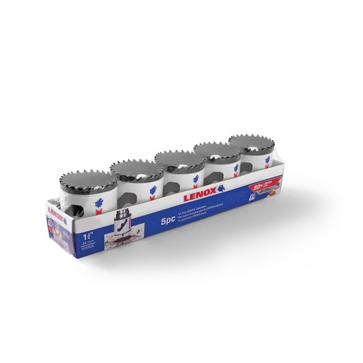 LENOX 10741B28L hole saw set with five saws in white and silver, packaged in branded box, angle on white background.