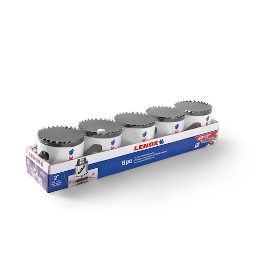 LENOX hole saw set 5-piece, SKU 10742B32L, side angle on white background, silver and white saws in box