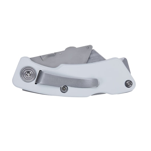 LENOX 10771FLK1G folding utility knife with white handle and stainless steel clip, side angle on white background.