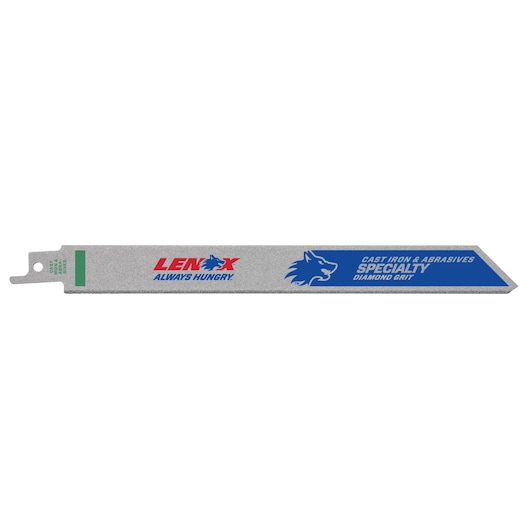 Photo of LENOX 10833800RDG specialty diamond grit reciprocating saw blade, silver with blue branding, side view.