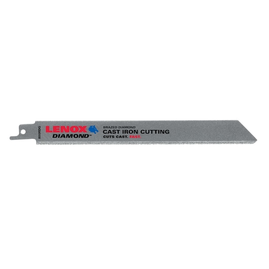 Photo of LENOX brazed diamond cast iron cutting reciprocating saw blade, SKU 10833800RDG, side angle on white.