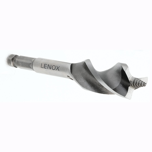 LENOX 1095006A1616 wood auger drill bit, silver metal, side angle on white background.