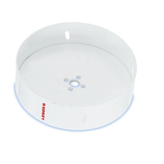 Photo of LENOX hole saw 12100538RL, white, carbide edge, front angle on white background.
