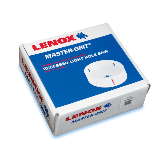LENOX MASTER-GRIT recessed light hole saw 12100538RL box, blue and white packaging, front angled view.