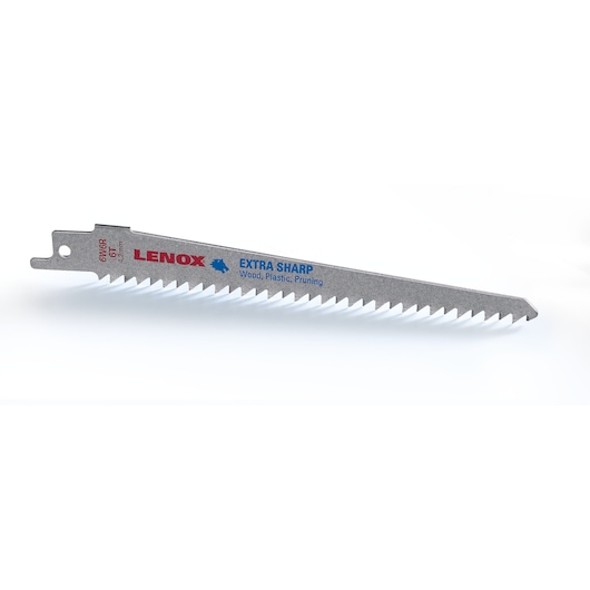LENOX 121016W6R reciprocating saw blade side view, silver, extra sharp for wood, plastic, pruning.