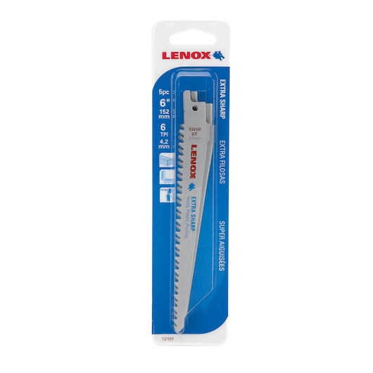Photo of LENOX 121016W6R 6-inch extra sharp reciprocating saw blade pack, silver blade in retail packaging, front angle.