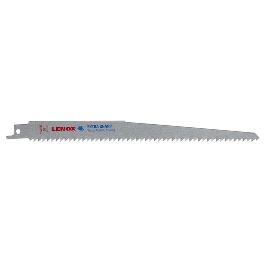 LENOX 121029W6R silver reciprocating saw blade with sharp teeth, side angle, wood and plastic cutting.