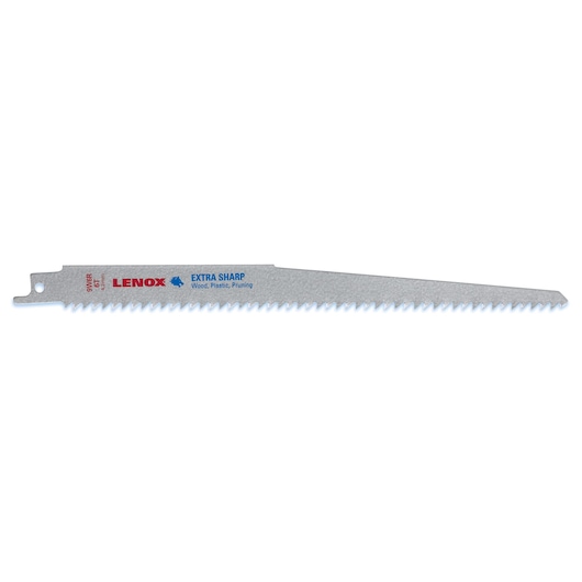 LENOX reciprocating saw blade 121029W6R, silver, extra sharp teeth, wood and plastic pruning, side view.