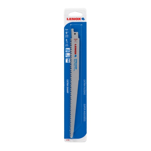 LENOX 121029W6R reciprocating saw blade pack, extra sharp, 9 inch, front view on white background.
