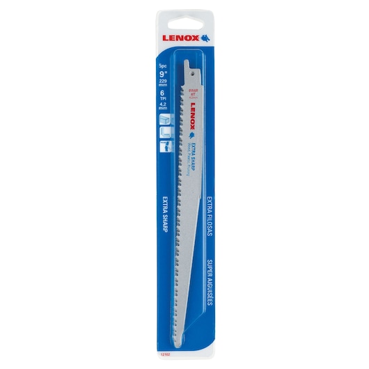 LENOX 121029W6R reciprocating saw blade pack, 9 inch, extra sharp, front angle, white background