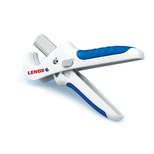LENOX 12121S1 pipe cutter tool with white and blue handle, side angle on white background