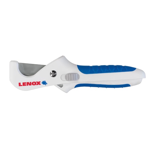 LENOX 12121S1 pipe cutter with white and blue ergonomic handle, left side view on white background.