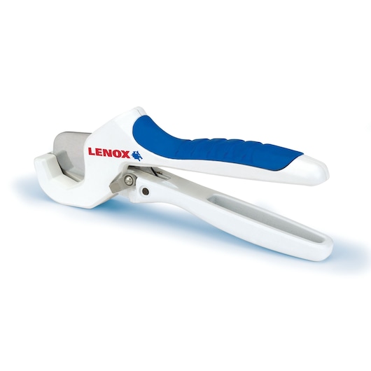 LENOX 12122S2 white and blue plastic pipe cutter, angled view on white background.