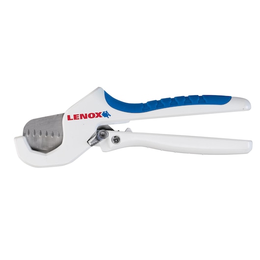 LENOX 12122S2 white and blue plastic pipe cutter, side view, with metal blade and ergonomic handle.