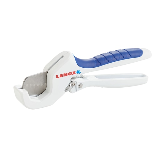 LENOX 12122S2 white and blue plastic pipe cutter tool, side view on white background.