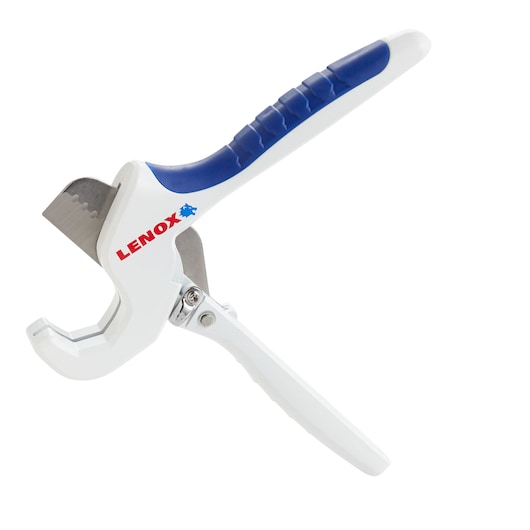 LENOX 12122S2 pipe cutter with white and blue handle, angled view on white background.