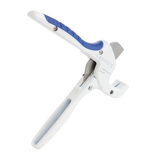 Photo of LENOX 12122S2 white and blue PVC pipe cutter angled right on white background.