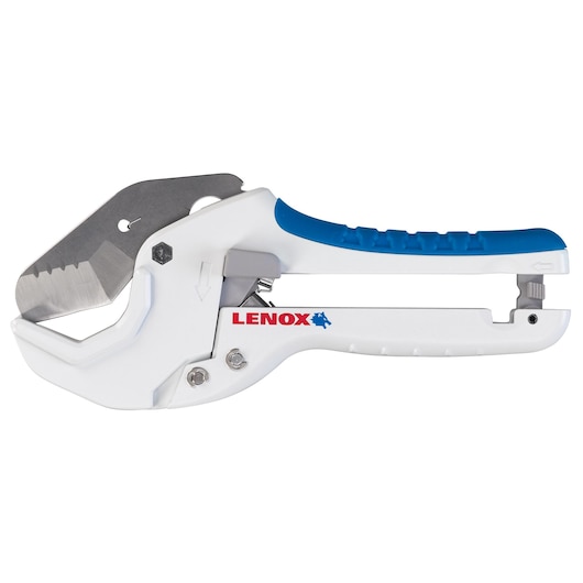 LENOX 12123R1 white and blue pipe cutter with serrated steel blade side view on white background.