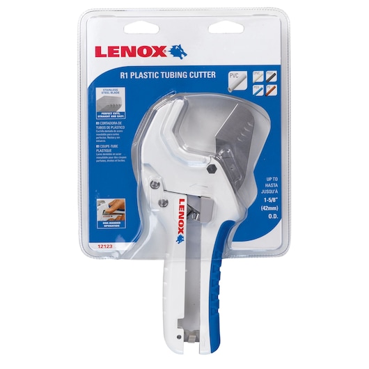 LENOX 12123R1 plastic tubing cutter with stainless steel blade in retail packaging, white angled handle, front view.