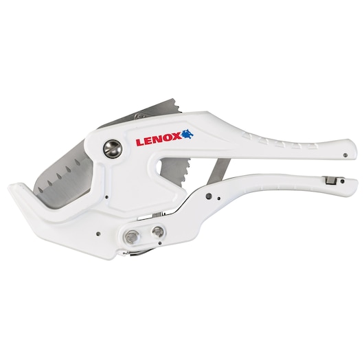 Photo of LENOX 12124R2 white plastic pipe cutter with serrated steel blade, side angle on white background.