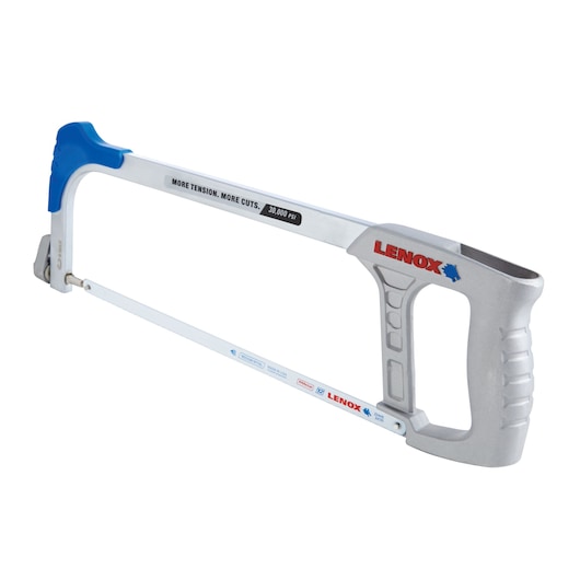 LENOX hacksaw 1213188300 with ergonomic silver handle and blue end, side angle on white background