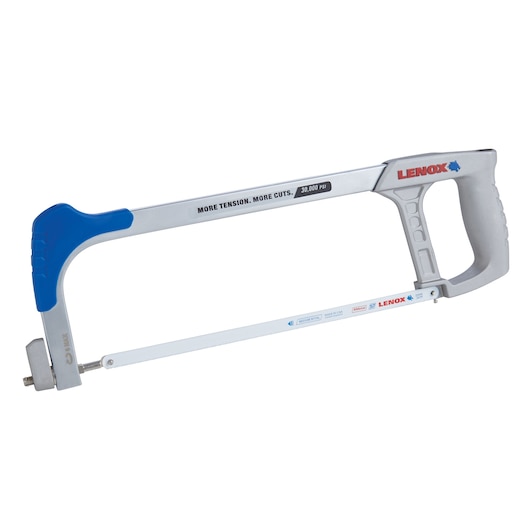 LENOX 1213188300 hacksaw with gray and blue handle, front angle, metal frame and blade, photography.
