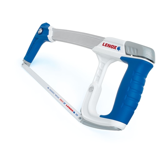LENOX 12132HT50 hacksaw with blue and white ergonomic handle, side angle on white background.
