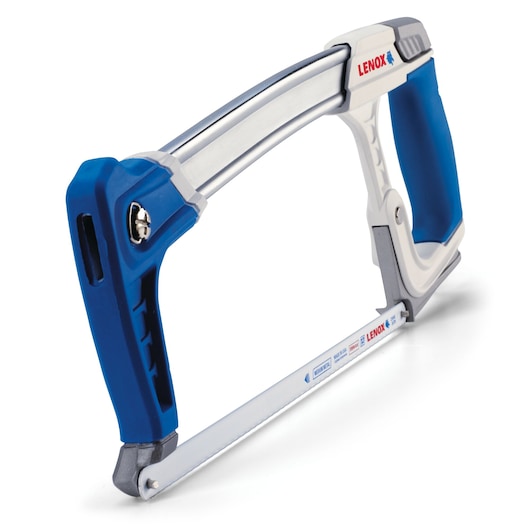LENOX blue and silver hacksaw with ergonomic handle, SKU 12132HT50, front angle on white background.